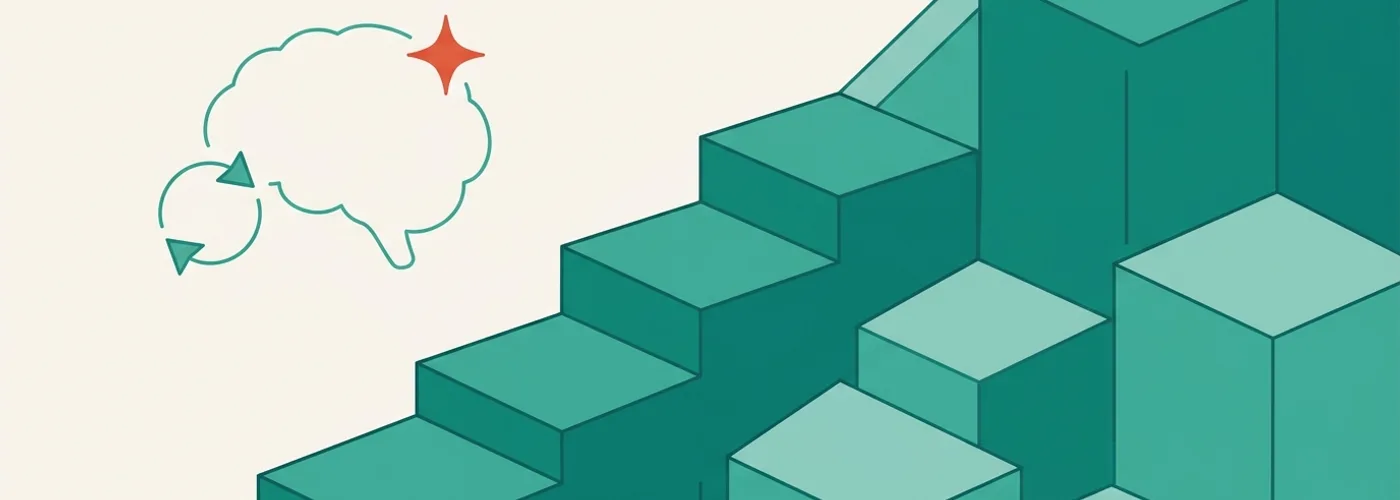 An outlined brain with a recall spark beside a refresh loop, next to an ascending stack of steps.