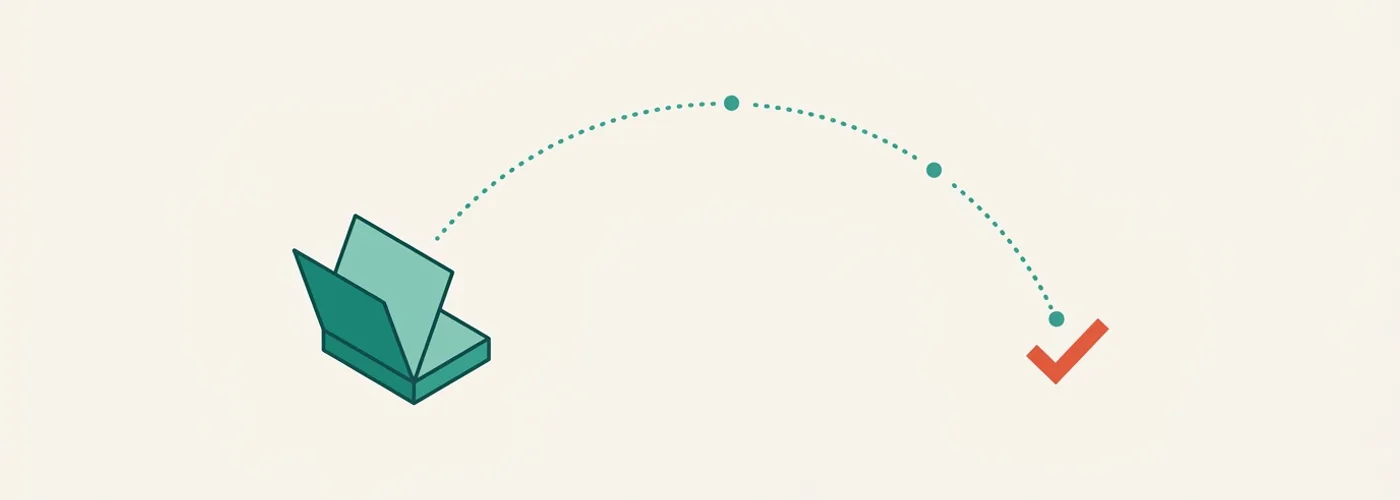 A flashcard mid-flip with a dotted arc showing the review interval stretching further out each time, ending at a checkmark.